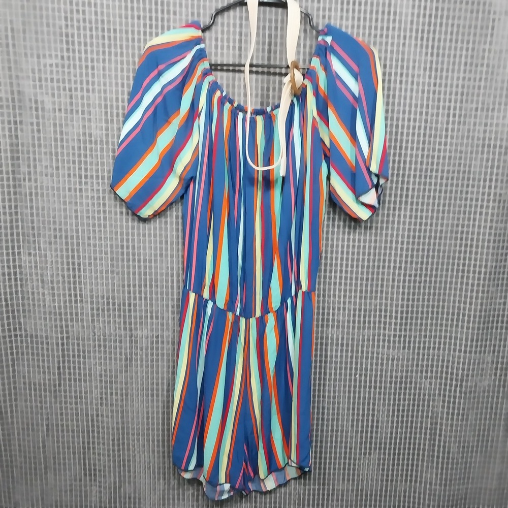 Casa Lee Womens Romper Striped Belted Off Shoulder Large Blue Multi